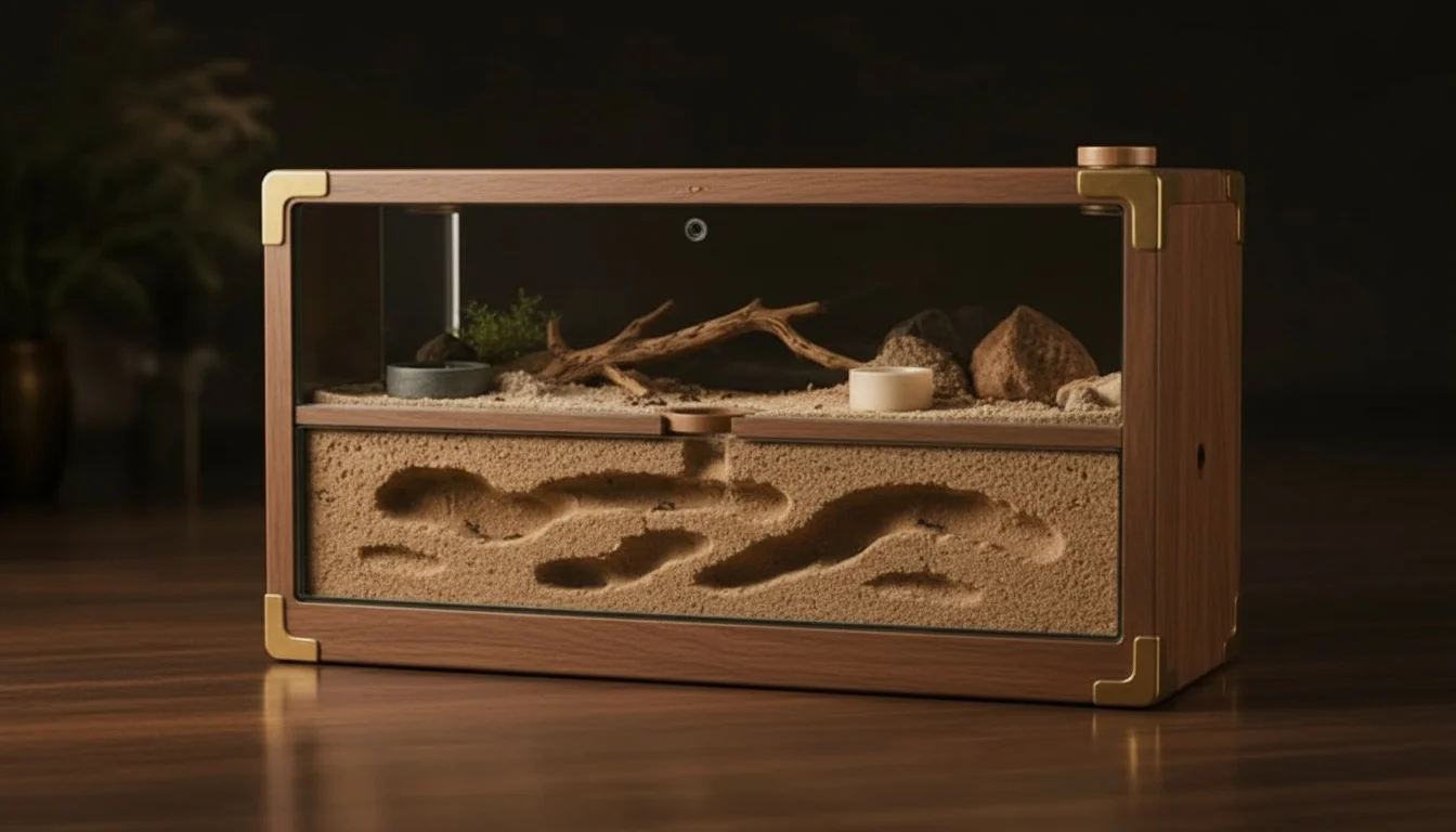 Interior terrarium landscape with sand, moss, stones, driftwood, and tunnels